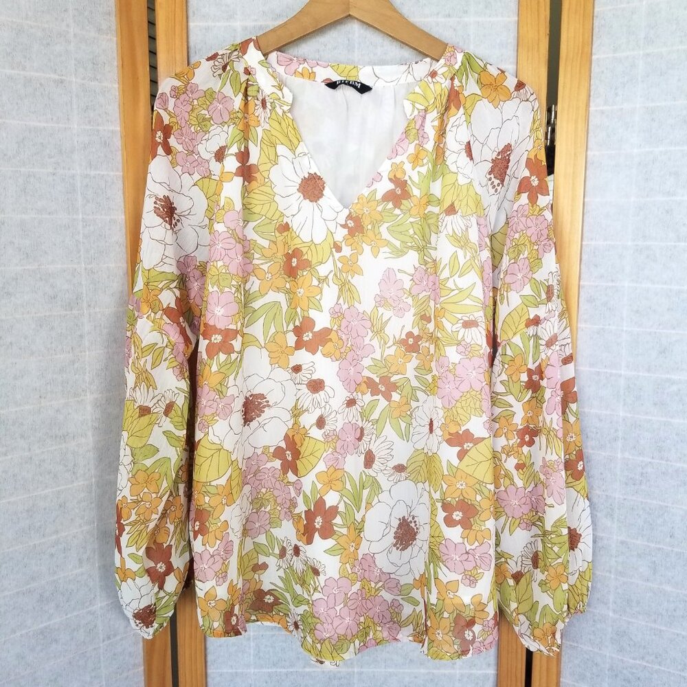 Floral Chiffon Blouse Size Large BTFBM Long Sleeves Cottage Country Feminine